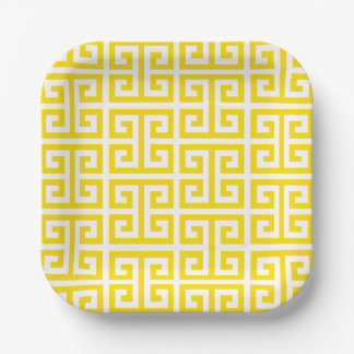 Golden Yellow and White Greek Key Paper Plates