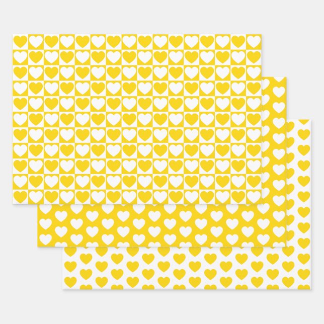 Golden Yellow and White Hearts Wrapping Paper Sheets (Set)