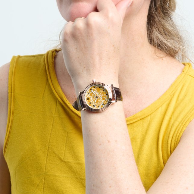 Golden Yellow and White Mini Tile Design Watch (Wrist)