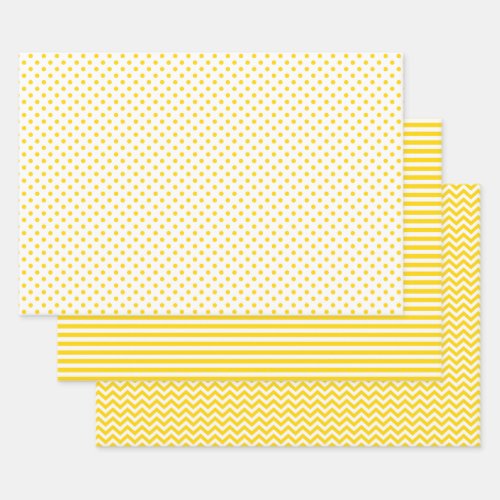 Golden Yellow and White Stripes Chevron Polka Dots Wrapping Paper Sheets