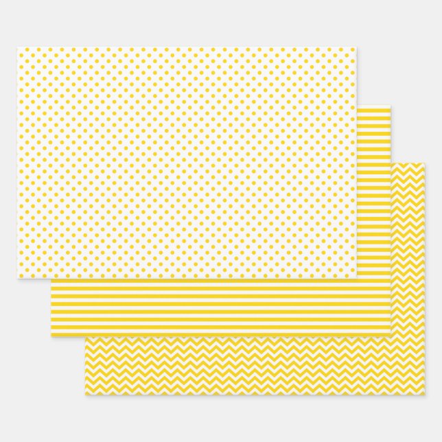 Golden Yellow and White Stripes Chevron Polka Dots Wrapping Paper Sheets (Set)