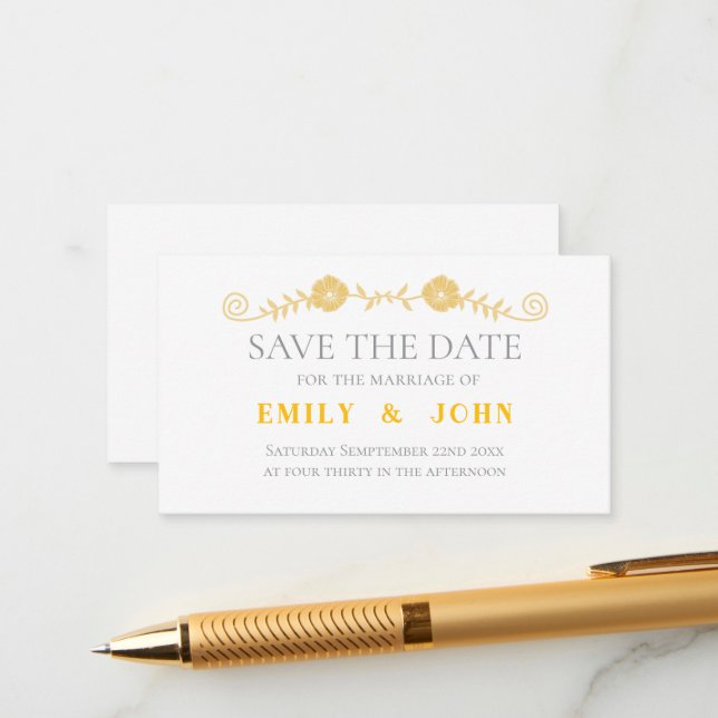 Golden Yellow and White Wedding Save the Date Enclosure Card (Front/Back In Situ)
