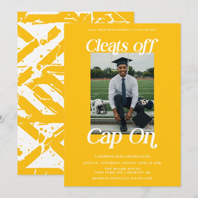 Golden Yellow Athlete Graduation Cleats off Cap On Invitation (Front/Back)