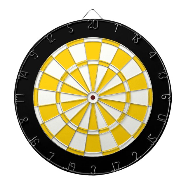 Golden Yellow Black And White Dartboard With Darts (Front)