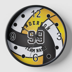 Golden Yellow, Black and White Volleyball Clock
