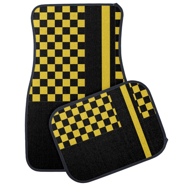 Golden Yellow & Black Racing Stripes | Monogram Car Mat (Set)