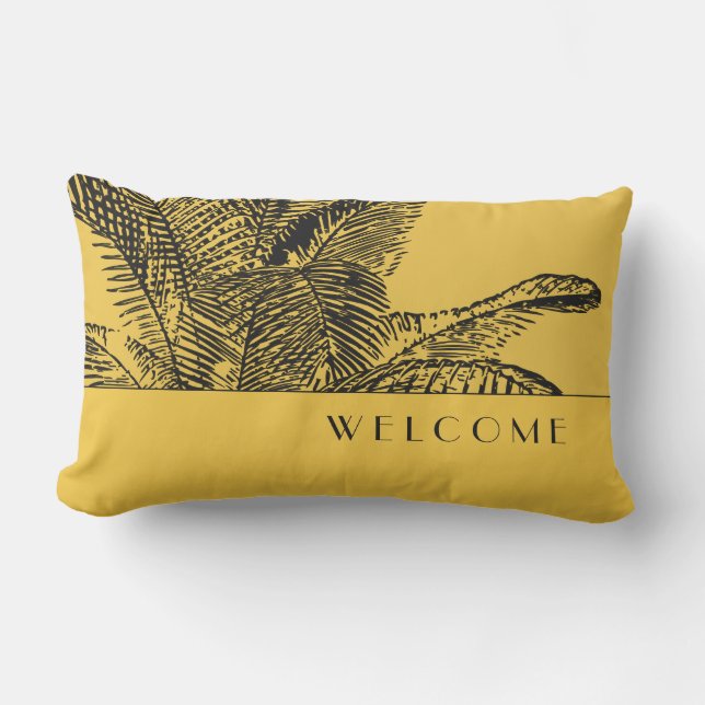 Golden Yellow & Black Tropical Palm Leaf | Welcome Lumbar Pillow (Front)