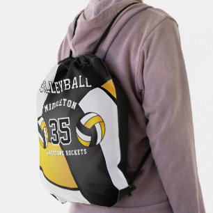 Golden Yellow, Black & White Volleyball Sport Drawstring Bag