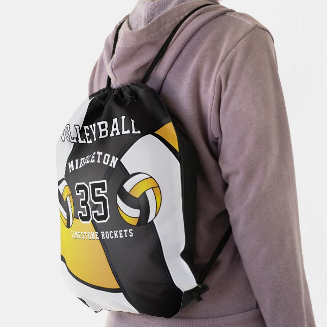 Golden Yellow, Black & White Volleyball Sport Drawstring Bag (Insitu)