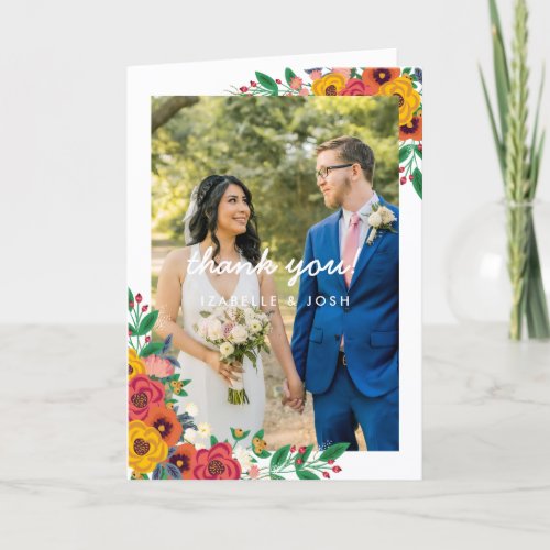 Golden Yellow Boho Florals Wedding Photo Thank You Card