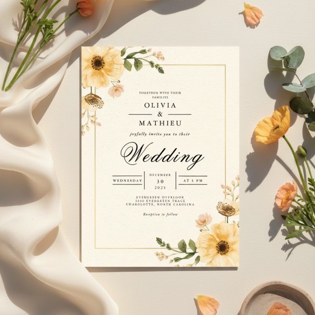 Golden Yellow Botanical Flourish Wedding Invitation (Creator Uploaded)