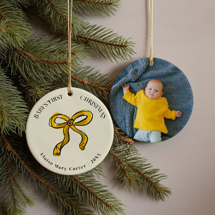 Golden Yellow Bow Baby's First Christmas Photo Ceramic Ornament