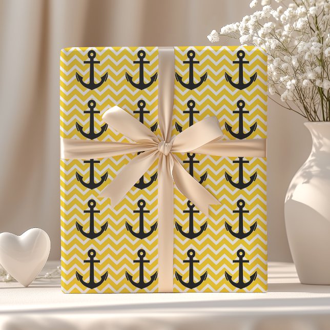 Golden Yellow Chevron Anchor Wrapping Paper (Creator Uploaded)
