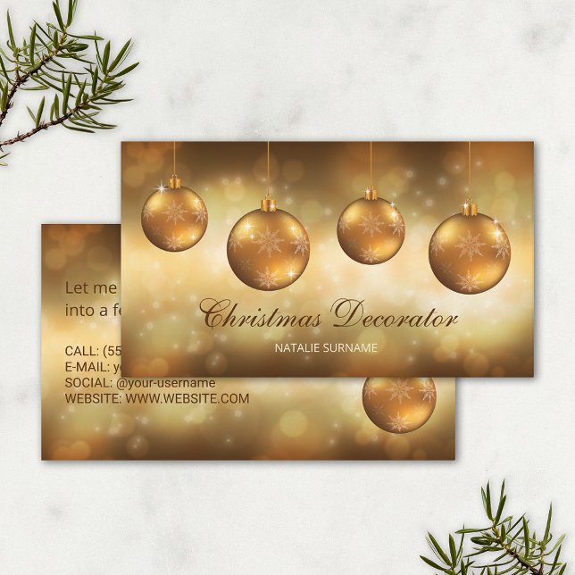 Golden Yellow Christmas Baubles On Yellow Bokeh Business Card (Creator Uploaded)