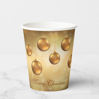 Golden Yellow Christmas Baubles On Yellow Bokeh Paper Cups