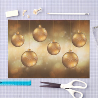 Golden Yellow Christmas Baubles On Yellow Bokeh Tissue Paper