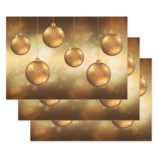 Golden Yellow Christmas Baubles On Yellow Bokeh Wrapping Paper Sheets