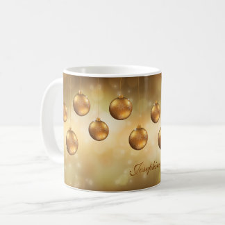 Golden Yellow Christmas Baubles With Custom Name Coffee Mug