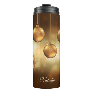 Golden Yellow Christmas Baubles With Custom Name Thermal Tumbler