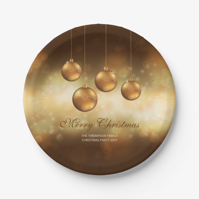 Golden Yellow Christmas Baubles With Custom Text Paper Plates (Front)