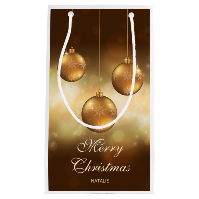 Golden Yellow Christmas Baubles With Custom Text Small Gift Bag (Front)