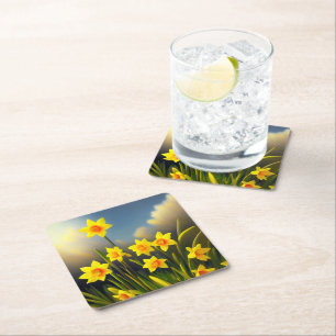 Golden Yellow Daffodil Temptations,  Square Paper Coaster