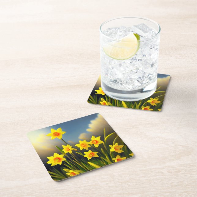 Golden Yellow Daffodil Temptations,  Square Paper Coaster (Insitu)