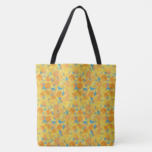 Golden Yellow Daffodils Watercolour Pattern, Blue Tote Bag (Front)