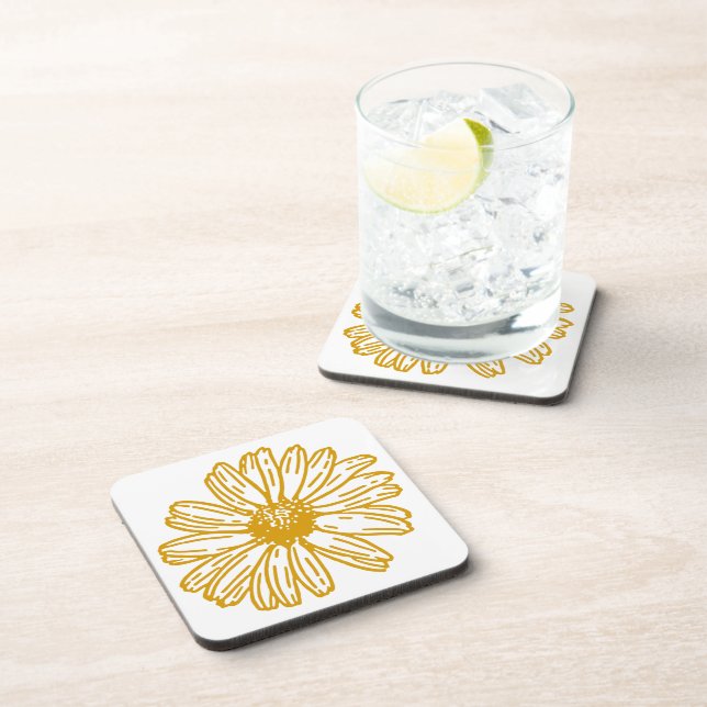 Golden Yellow Daisies Print, Daisy Floral Pattern Beverage Coaster (Right Side)