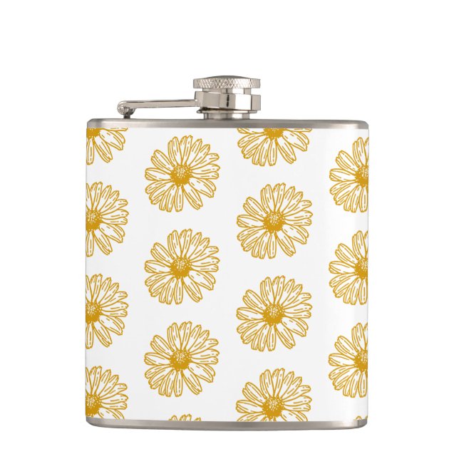 Golden Yellow Daisies Print, Daisy Floral Pattern Flask (Front)