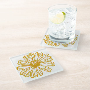 Golden Yellow Daisies Print, Daisy Floral Pattern Glass Coaster