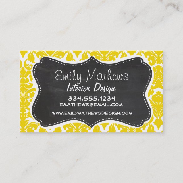 Golden Yellow Damask; Vintage Chalkboard Business Card (Front)