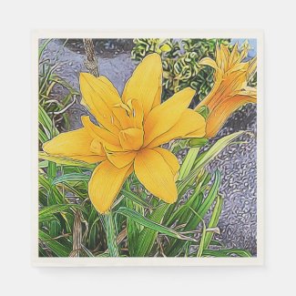 Golden Yellow Daylily Flowers and Bud Close-Up