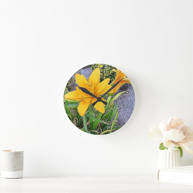 Golden Yellow Daylily Flowers Bud Photo She Shed Round Clock (Home)