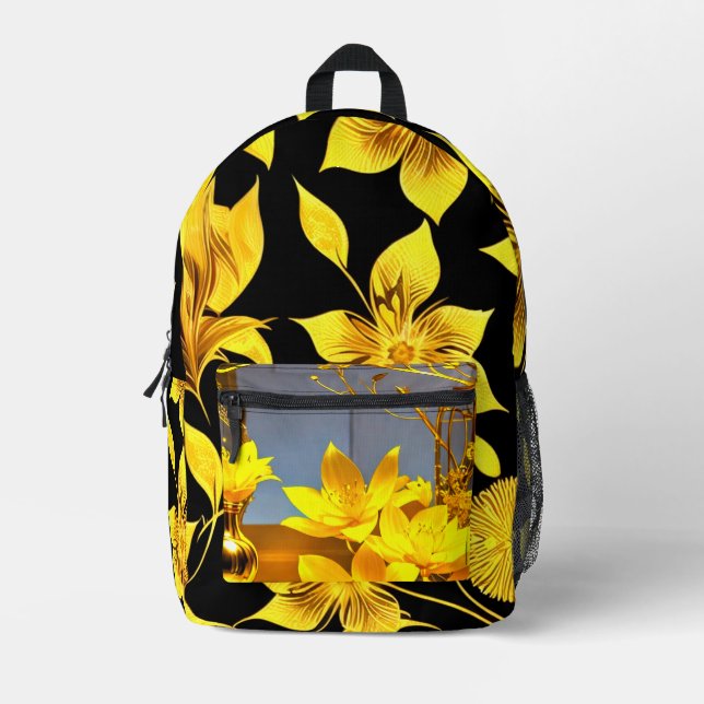 Golden yellow decorative floral design printed backpack (Front)
