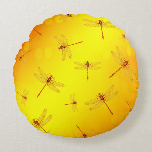 Golden Yellow Dragonflies Flying, Round Pillow (Front)