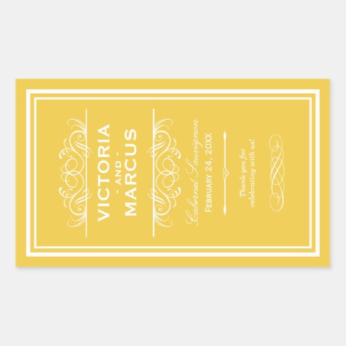 Golden Yellow Elegant Wedding Monogram Wine Bottle Rectangular Sticker