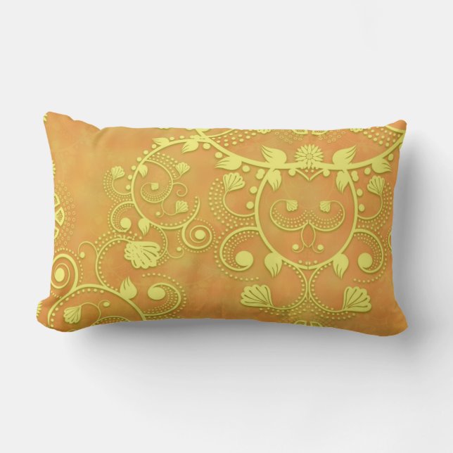 Golden Yellow Fancy Floral Damask Pattern Lumbar Pillow (Front)