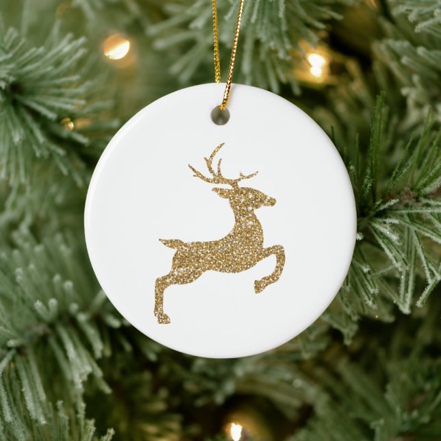 Golden Yellow Faux Glitter Look Jumping Deer Shape Ceramic Ornament (Tree)