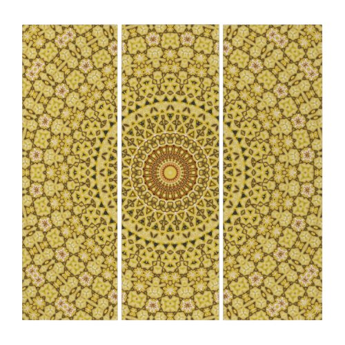 Golden yellow floral kaleidoscope mandala pattern triptych