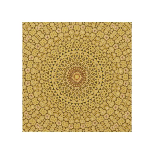 Golden yellow floral kaleidoscope mandala pattern wood wall art