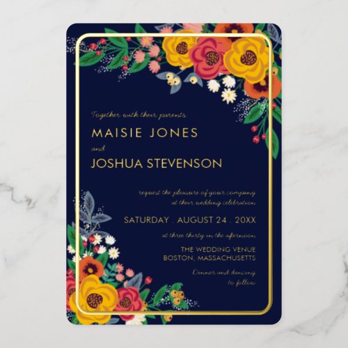 Golden Yellow Floral Navy Boho Bouquet Gold Foil Invitation