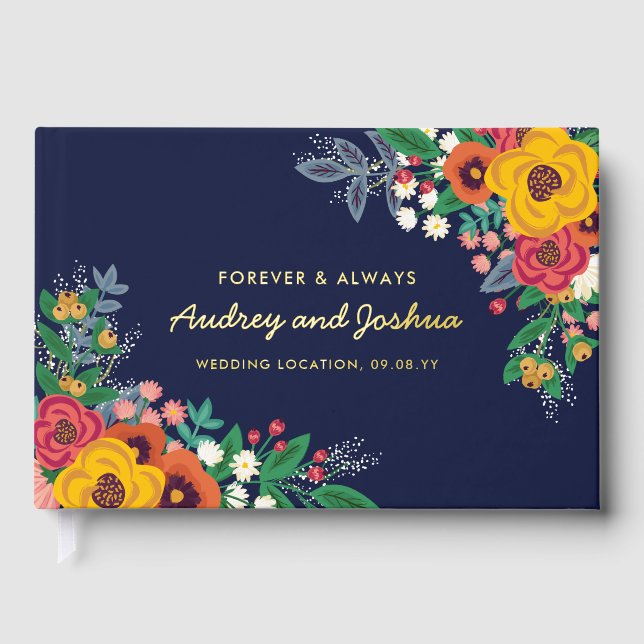 Golden Yellow Floral Navy Boho Gold Wedding Foil Guest Book (Front)
