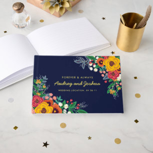 Golden Yellow Floral Navy Boho Gold Wedding Foil Guest Book