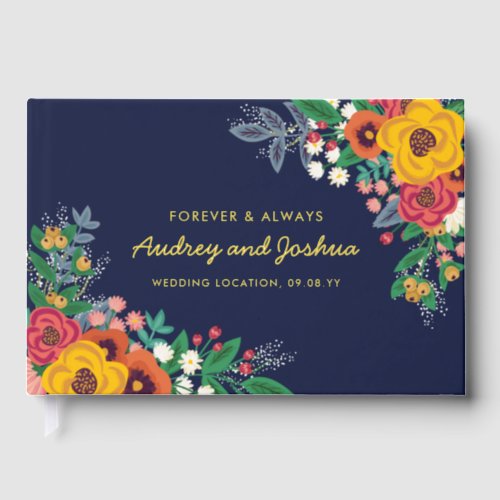 Golden Yellow Floral Navy Boho Gold Wedding Guest Book