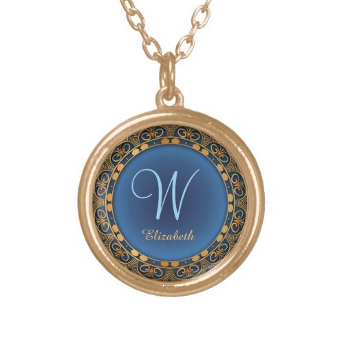 Golden Yellow Flourish Frame Denim Blue Monogram Gold Plated Necklace