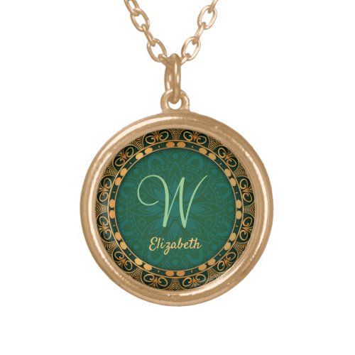 Golden Yellow Flourish Frame Green Monogram Gold Plated Necklace