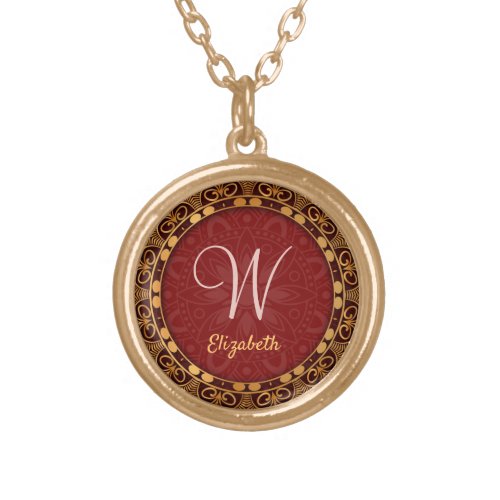 Golden Yellow Flourish Frame Red Monogram Gold Plated Necklace