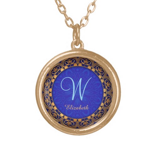 Golden Yellow Flourish Frame Royal Blue Monogram Gold Plated Necklace