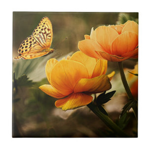 Golden yellow flowers and butterfly ceramic tile